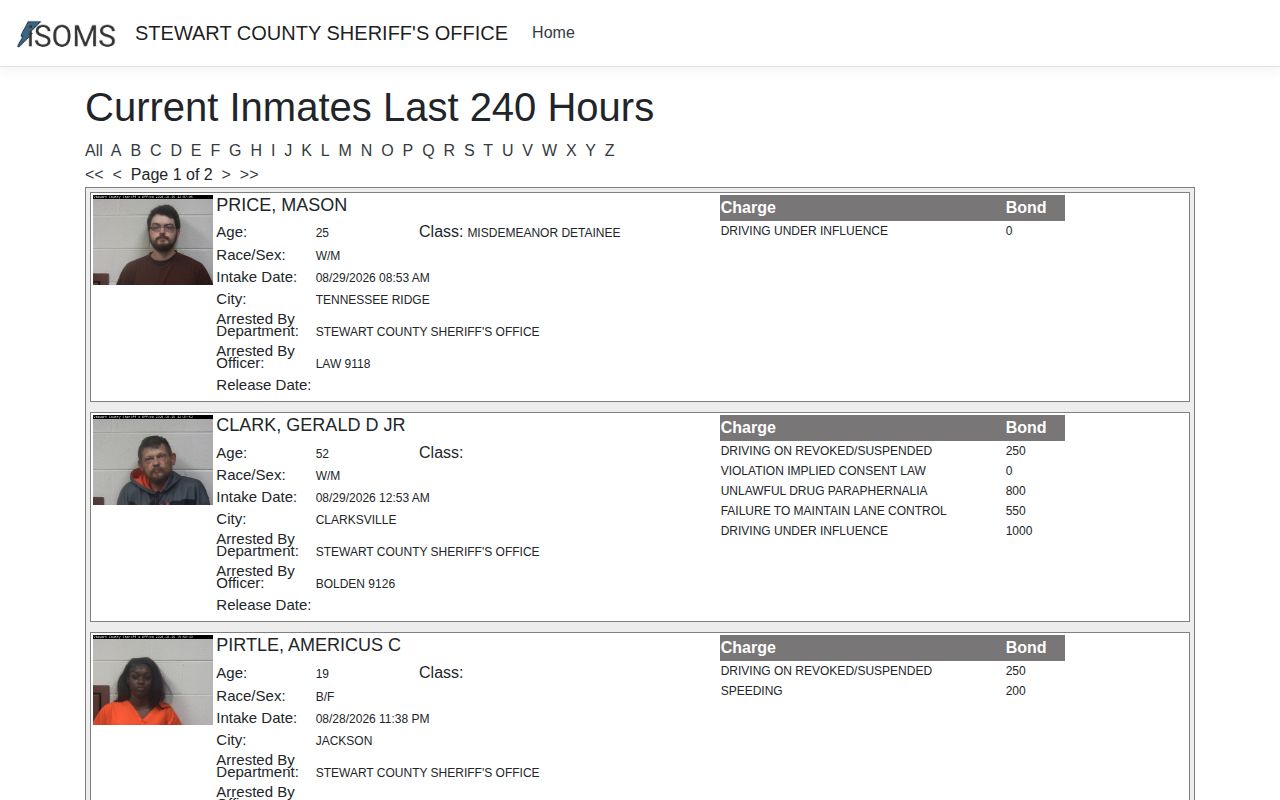 Stewart County official 240-hour jail booking log interface
