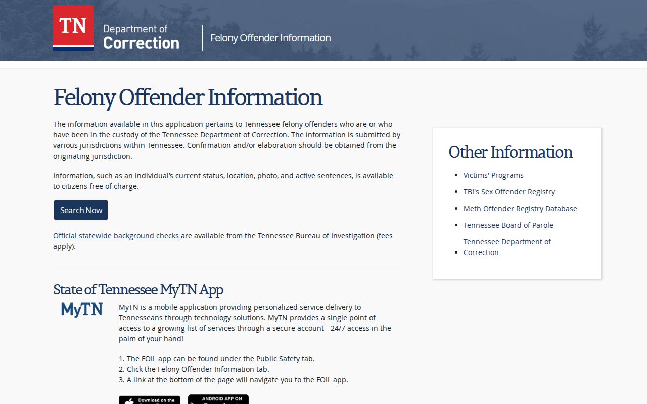 Tennessee Department of Correction FOIL official offender search interface